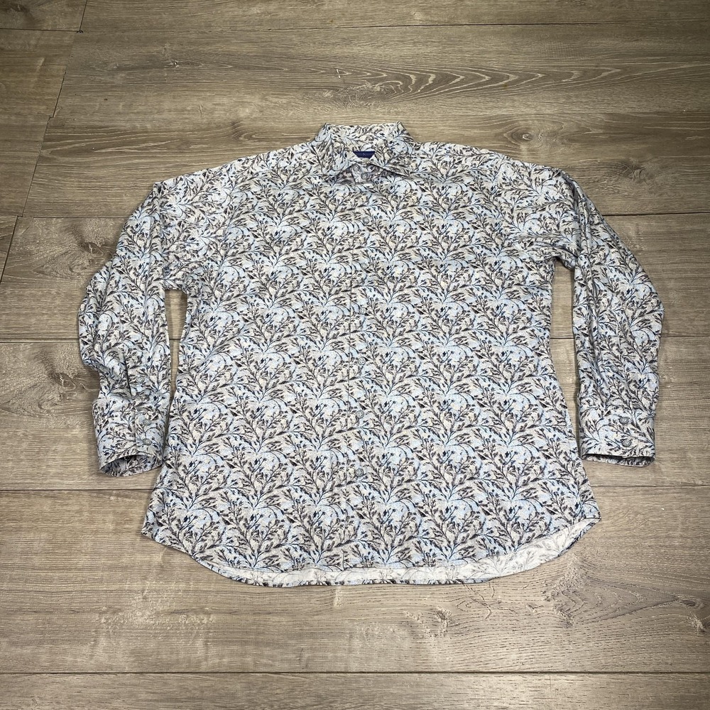 Adrian Allan Shirt Mens Large‎ Blue White Floral Print Button Up Long Sleeve USA